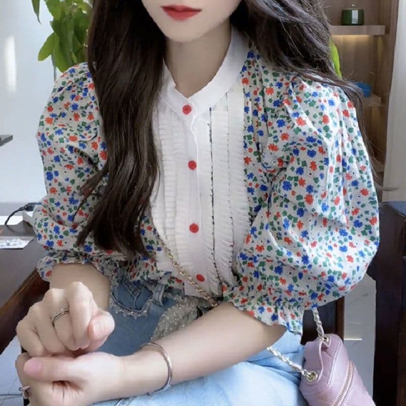 프랑스식 Chic 꽃무늬 여성 셔츠 2026 여름 새로운 작은 대중 디자인 센스 버블 반팔 루즈핏 슬림해 보이는 셔츠 이미지 3