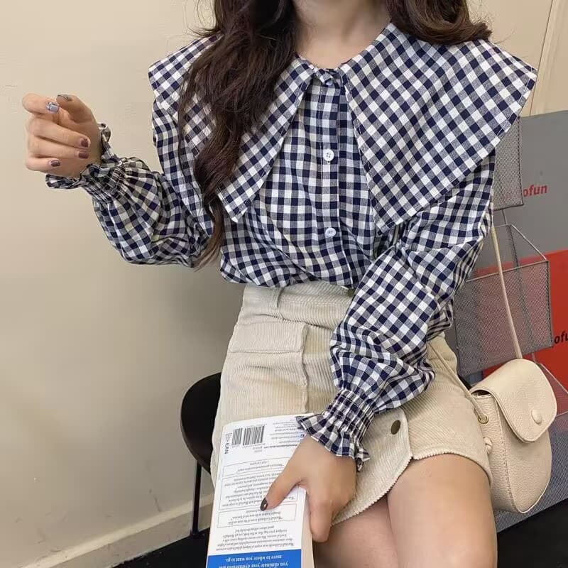 2026 봄 가을 셔츠 스택 착용 빨간색 체크무늬 여성 셔츠 레트로 홍콩 느낌 베이비 칼라 맨위 여성 디자인 센스 작은 대중 이미지 3