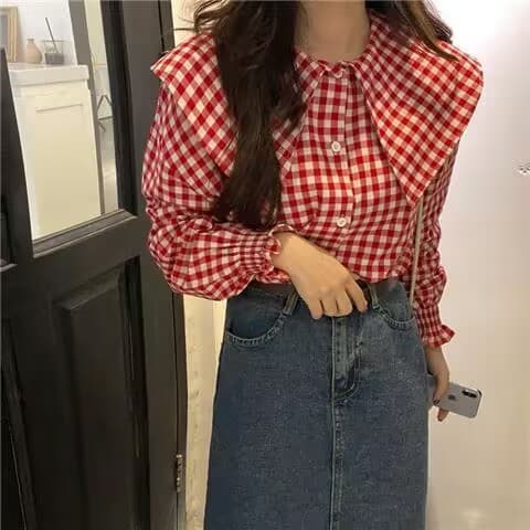 2026 봄 가을 셔츠 스택 착용 빨간색 체크무늬 여성 셔츠 레트로 홍콩 느낌 베이비 칼라 맨위 여성 디자인 센스 작은 대중 상세 이미지 6