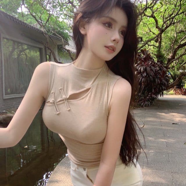 타이트 여름 단추 라운드 넥 민소매 조끼 맨위 작은 대중 인사이드 가져 가라. 슬림해 보이는 여성 디자인 센스 홀로우 아웃 티셔츠 새로운 상세 이미지 1