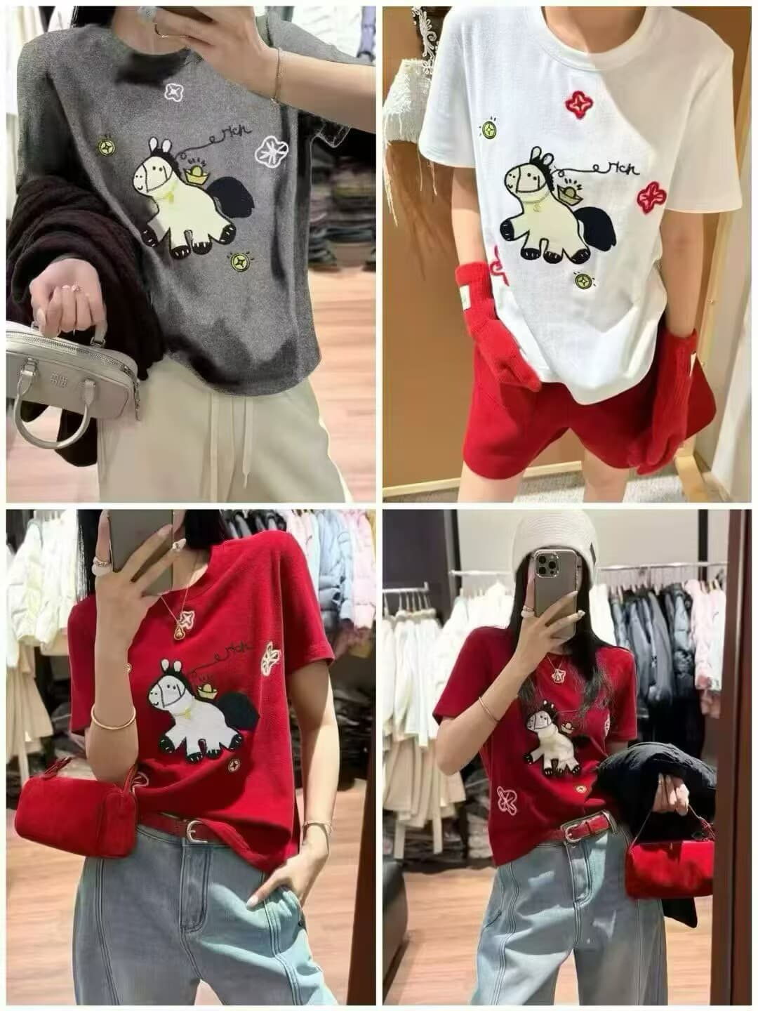 유럽 상품 26 신년 빨간색 3 차원 자수 작은 말 패턴 즉시 풍부한 양면 반팔 티셔츠 맨위 이미지 2