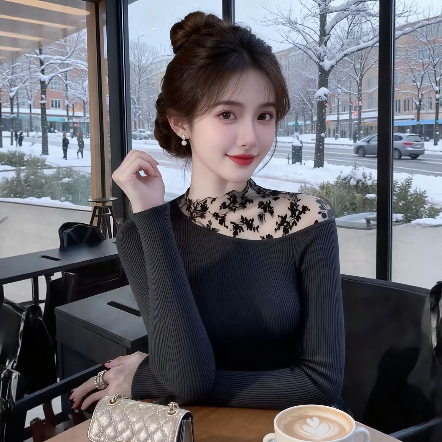 봄 가을 새로운 그레이트 과소 평가 요리 한 맨위 고급 센스 고유 한 Chic 아름다운 레이스 조각 슬림해 보이는 기본 셔츠 여성 상세 이미지 2