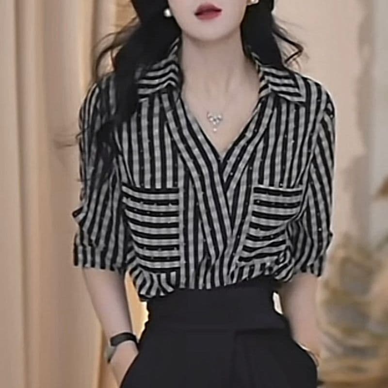 한 부서 디자인 센스 핫픽스 체크무늬 V넥 주머니 여성 셔츠 여름 새로운 빛 요리 한 다용도 패션 연령 감소 맨위 이미지 2