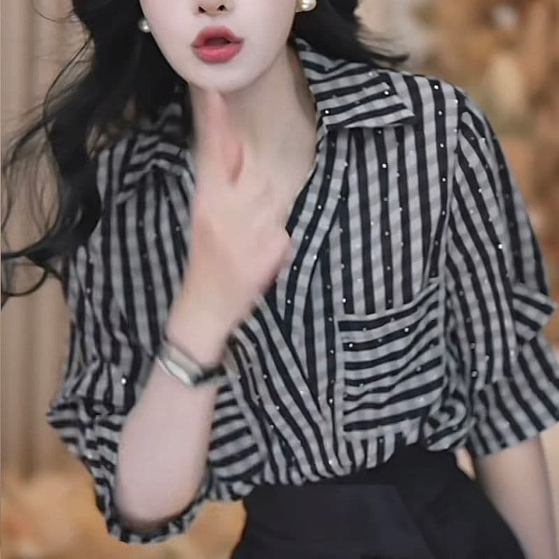 한 부서 디자인 센스 핫픽스 체크무늬 V넥 주머니 여성 셔츠 여름 새로운 빛 요리 한 다용도 패션 연령 감소 맨위 상세 이미지 7
