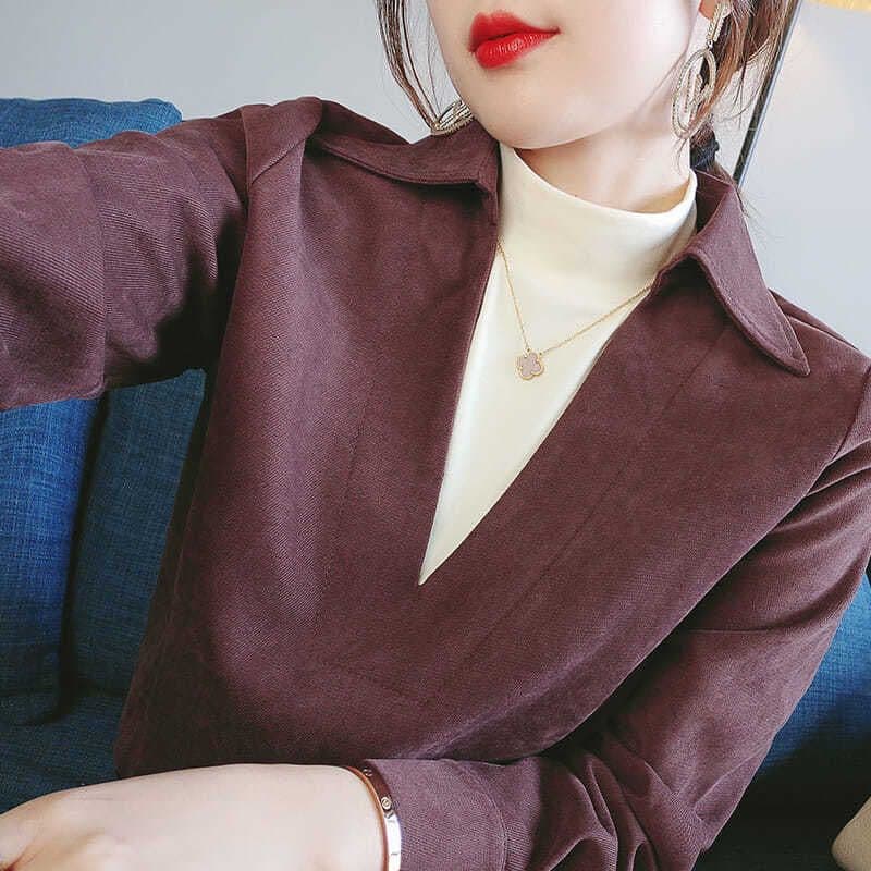 페이크 레이어드 코듀로이 긴팔 여성 셔츠 봄 가을 새로운 한국 스타일 디자인 센스 작은 대중 연삭 털 루즈핏 셔츠 여성 트렌디 이미지 4