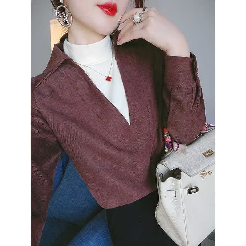페이크 레이어드 코듀로이 긴팔 여성 셔츠 봄 가을 새로운 한국 스타일 디자인 센스 작은 대중 연삭 털 루즈핏 셔츠 여성 트렌디 이미지 3