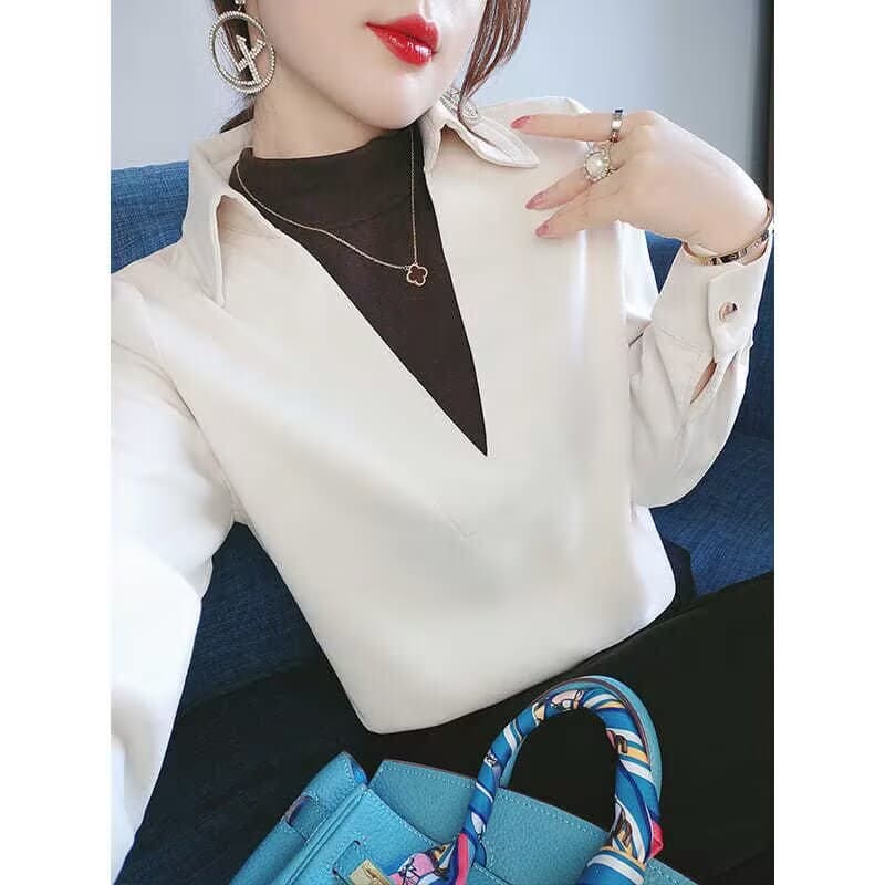 페이크 레이어드 코듀로이 긴팔 여성 셔츠 봄 가을 새로운 한국 스타일 디자인 센스 작은 대중 연삭 털 루즈핏 셔츠 여성 트렌디 이미지 2
