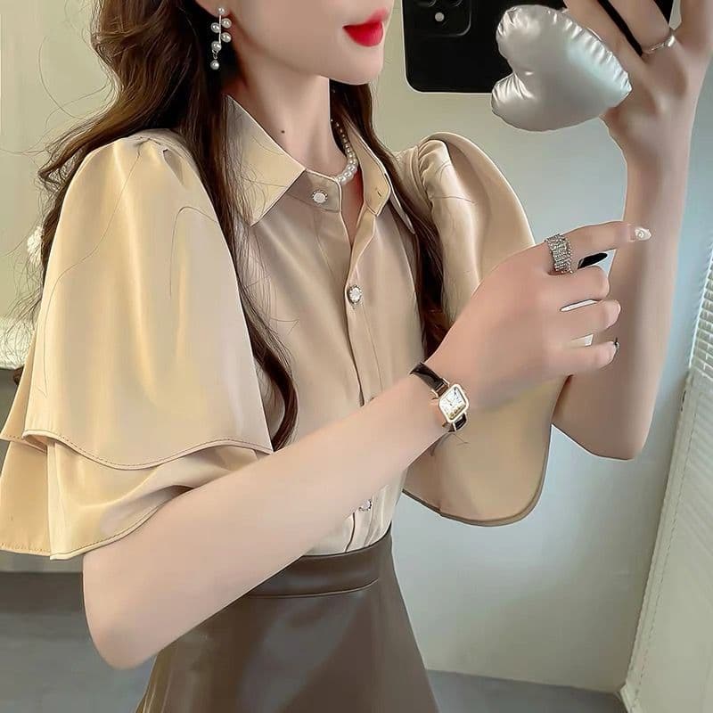프랑스식 명문 여성 여름 루즈핏 여성 셔츠 새로운 루즈핏 셔츠 단색 요정 가스 프릴 반팔 쉬폰 톱 이미지 3