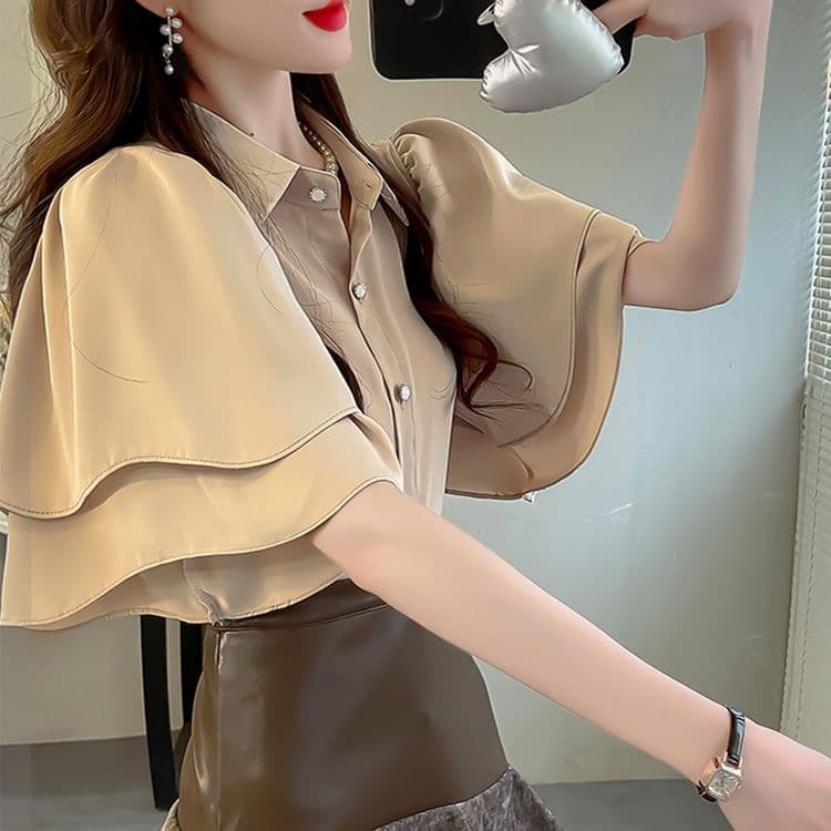 프랑스식 명문 여성 여름 루즈핏 여성 셔츠 새로운 루즈핏 셔츠 단색 요정 가스 프릴 반팔 쉬폰 톱 상세 이미지 3