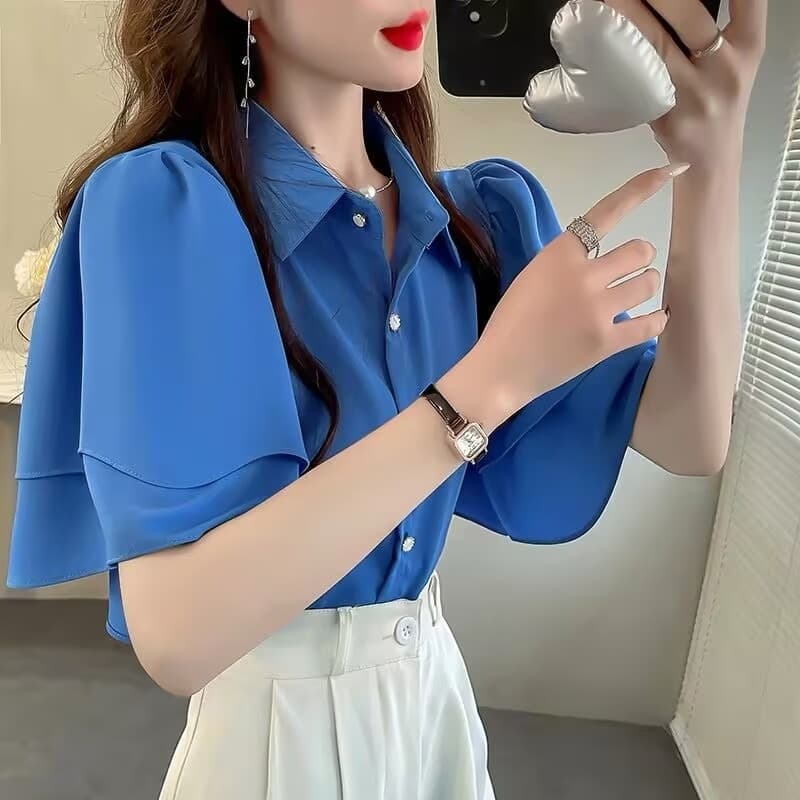 프랑스식 명문 여성 여름 루즈핏 여성 셔츠 새로운 루즈핏 셔츠 단색 요정 가스 프릴 반팔 쉬폰 톱 이미지 5