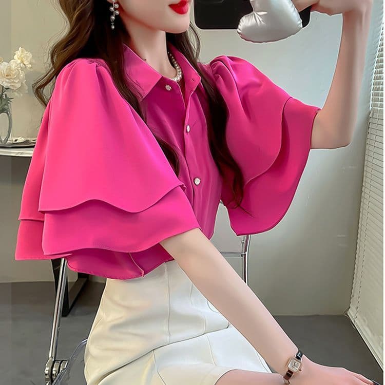 프랑스식 명문 여성 여름 루즈핏 여성 셔츠 새로운 루즈핏 셔츠 단색 요정 가스 프릴 반팔 쉬폰 톱 이미지 4