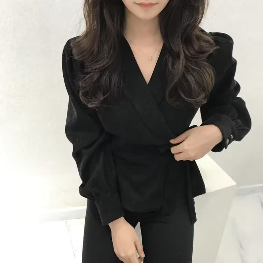 한국 chic 봄 프랑스식 레트로 정장 칼라 측면 레이스업 허리 수축 슬림해 보이는 단색 거품 소매 셔츠 맨위 이미지 4