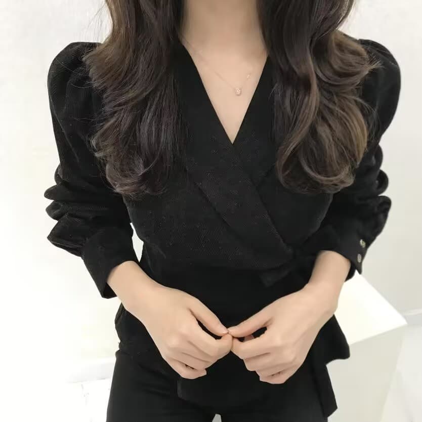한국 chic 봄 프랑스식 레트로 정장 칼라 측면 레이스업 허리 수축 슬림해 보이는 단색 거품 소매 셔츠 맨위 상세 이미지 4