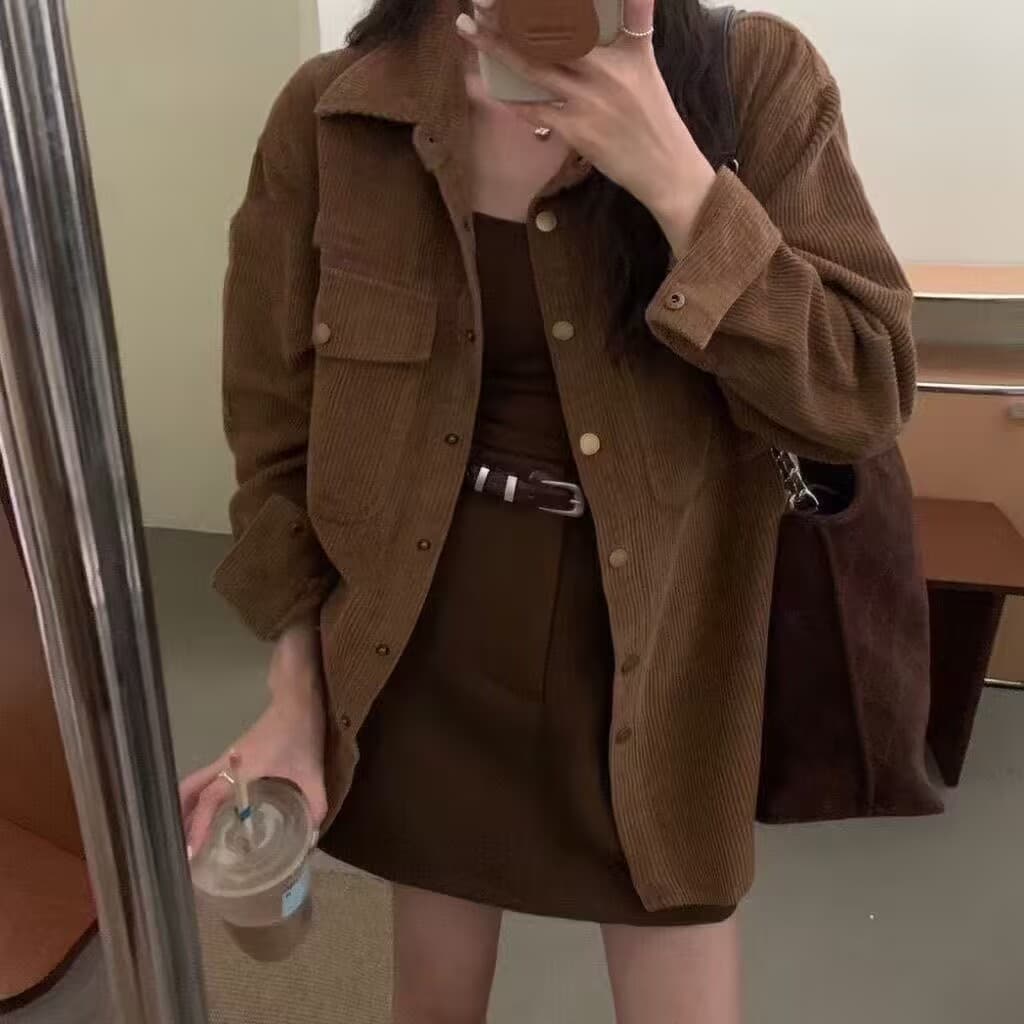 한 부서 느긋한 바람 코듀로이 셔츠 여성 긴 소매 새로운 루즈핏 캐주얼 카디건 코트 아름다움 라드. 맨위 셔츠 이미지 3