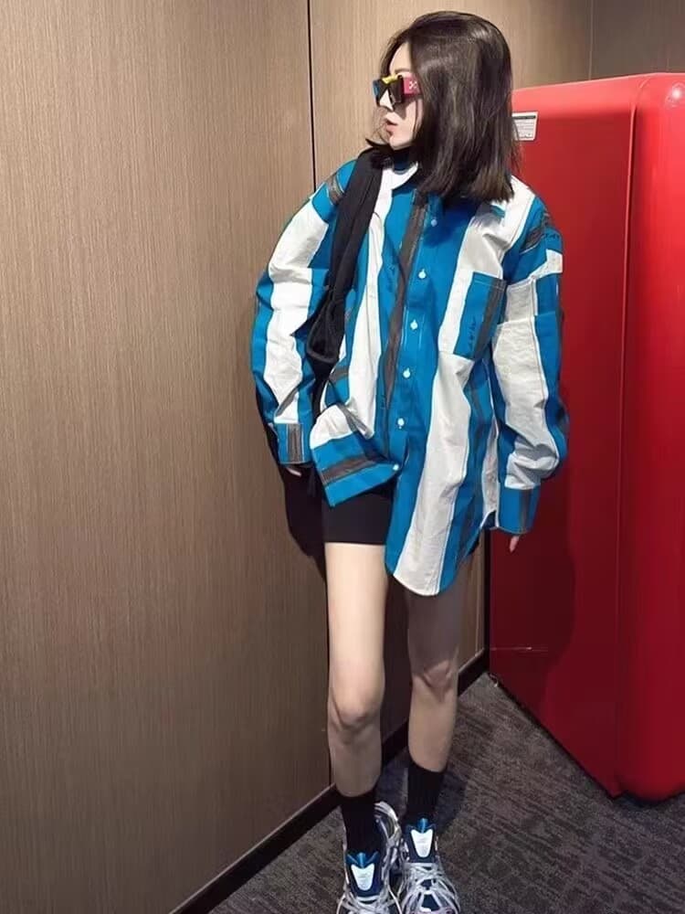 유럽 역 트렌드 배색 셔츠 새로운 아메리칸 세로 줄무늬 긴팔 여성 셔츠 다용도 캐주얼 고유 한 맨위 얇은 이미지 2