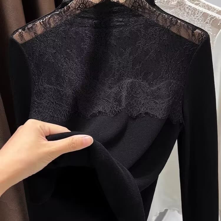 양면 반하이넥 De 플러시 기본 셔츠 여성 가을 겨울 두꺼운 보온 인사이드 가져 가라. 패치워크 프릴 레이스 긴팔 맨위 상세 이미지 4