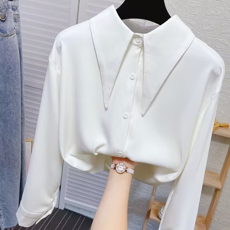프랑스식 대 포인터 칼라 쉬폰 여성 셔츠 봄 가을 루즈핏 캐주얼 도루 센스 다용도 셔츠 수 있습니다. 스택 착용 만나는 맨위 이미지 4