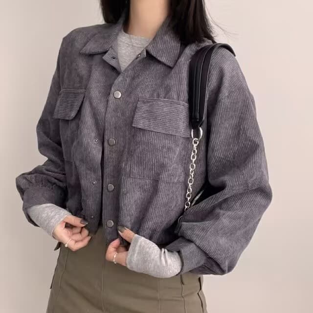 한국 chic 새로운 레트로 미니멀리즘 폴로 칼라 쇼트 스타일 펌프 로프 긴팔 셔츠 맨위 코듀로이 루즈핏 여성 코트 상세 이미지 5