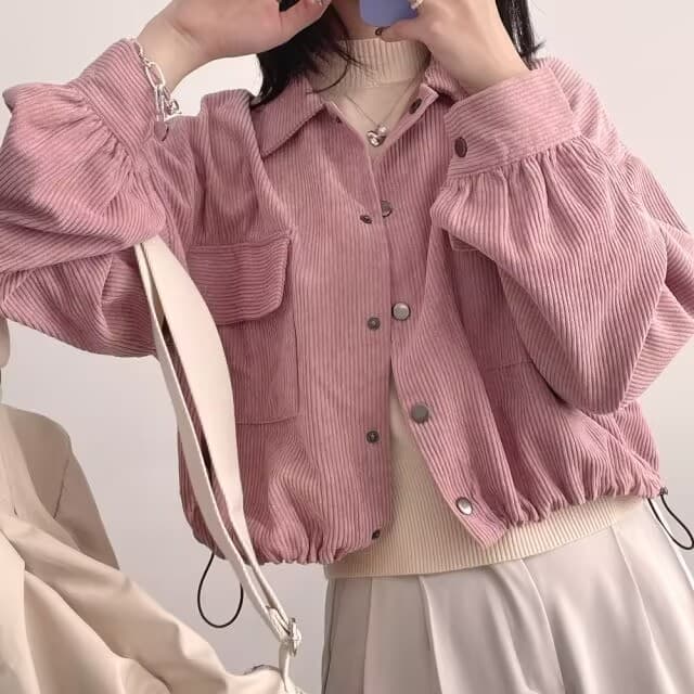 한국 chic 새로운 레트로 미니멀리즘 폴로 칼라 쇼트 스타일 펌프 로프 긴팔 셔츠 맨위 코듀로이 루즈핏 여성 코트 상세 이미지 6