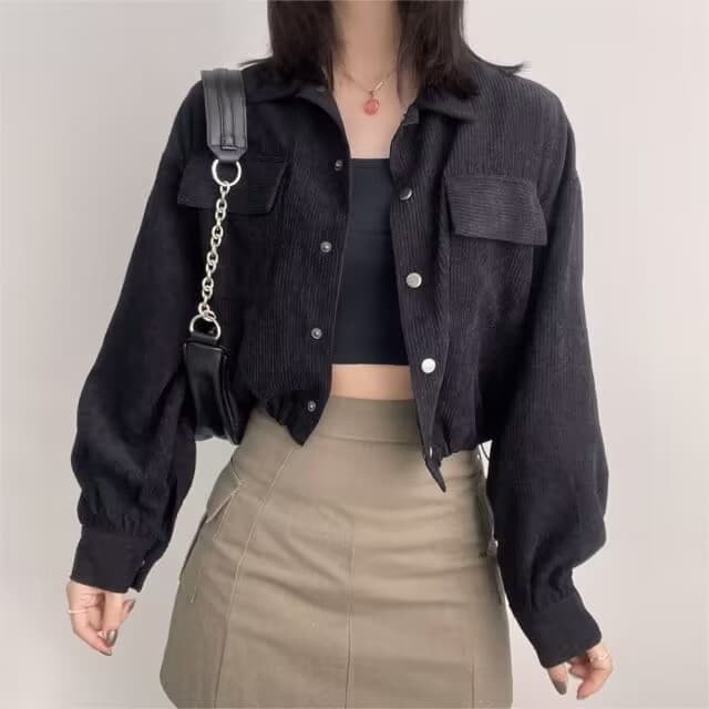 한국 chic 새로운 레트로 미니멀리즘 폴로 칼라 쇼트 스타일 펌프 로프 긴팔 셔츠 맨위 코듀로이 루즈핏 여성 코트 상세 이미지 8