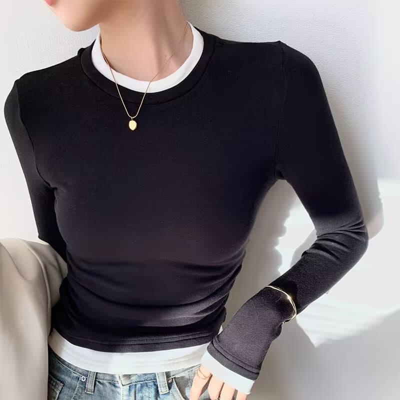 페이크 레이어드 긴팔 티셔츠 기본 셔츠 여성 가을 겨울 De 플러시 새로운 스택 착용 배색 털이 있는 보온 인사이드 잡아라. 의류 트렌디 이미지 3