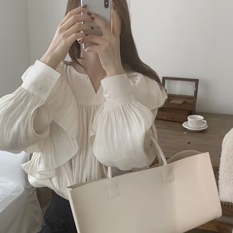 한국 chic 디자인 센스 작은 대중 품격 프릴 주름 봄 가을 새로운 슈퍼 요정 거품 소매 맨위 이미지 2