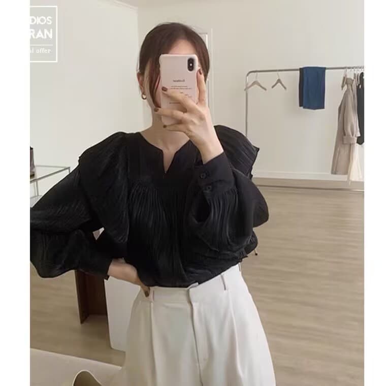 한국 chic 디자인 센스 작은 대중 품격 프릴 주름 봄 가을 새로운 슈퍼 요정 거품 소매 맨위 이미지 3