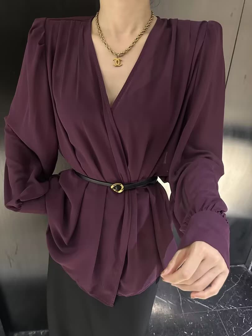 프랑스식 품격 불규칙 V넥 긴팔 셔츠 여성 봄 가을 몸매 가꾸기 슬림해 보이는 고급 센스 스트랩 셔츠 여성 셔츠 상세 이미지 4
