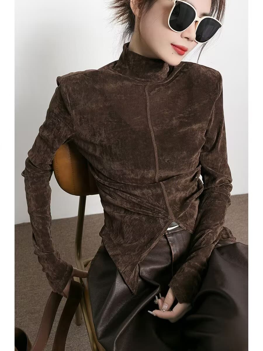 트렌디 화관 허리 수축 트임 아름다움 라드. 커피 색상 반하이넥 식물 플러시 맨위 여성 가을 2026 새로운 만나는 작은 셔츠 상세 이미지 1