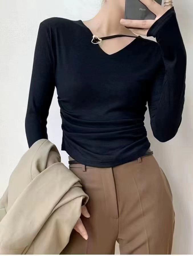 섹시함 순수한 욕망 긍정적 인 어깨 긴팔 티셔츠 여성 순면 허리 수축 기본 셔츠 디자인 센스 외국 가스 인사이드 잡아라. 의류 이미지 3