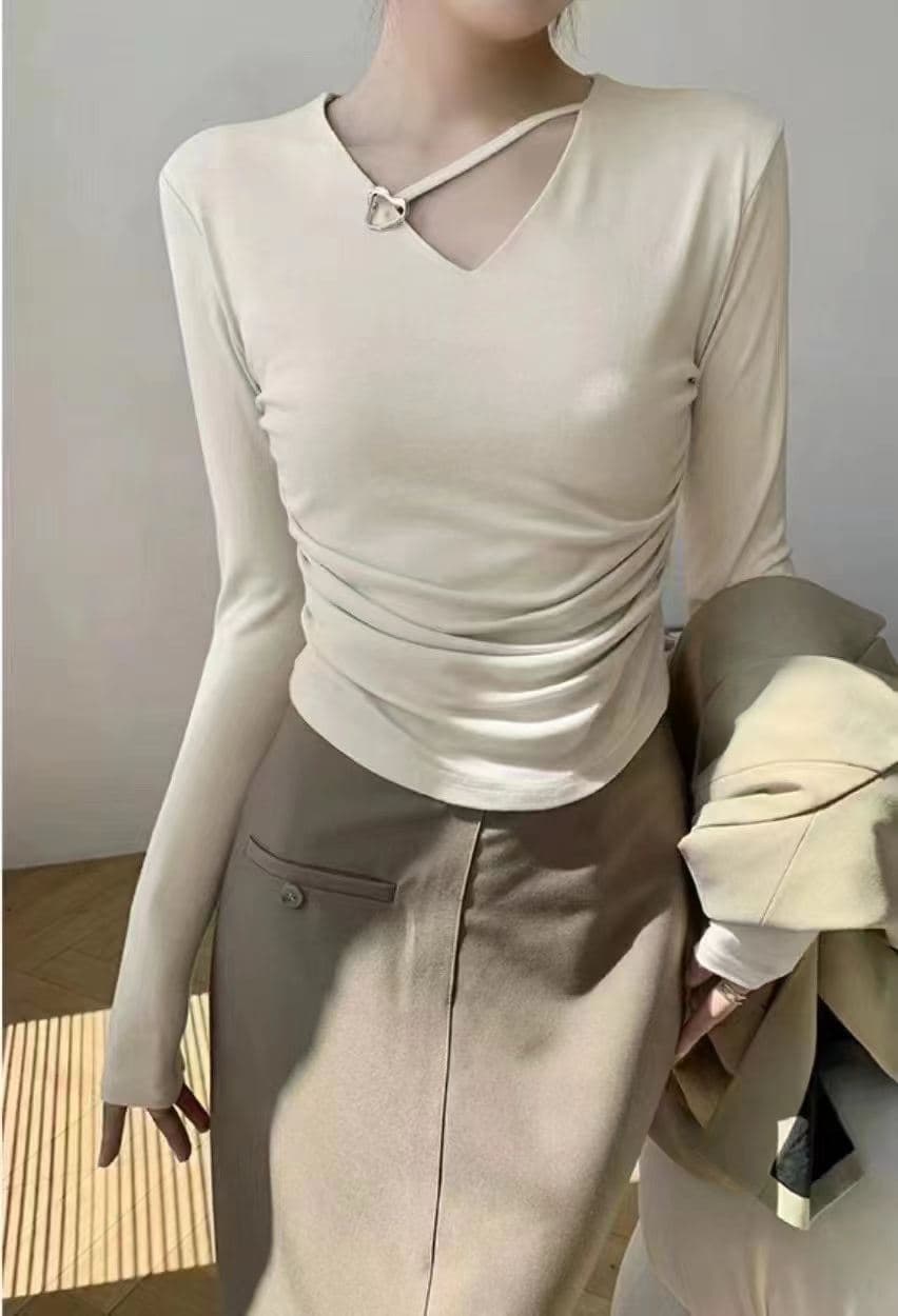섹시함 순수한 욕망 긍정적 인 어깨 긴팔 티셔츠 여성 순면 허리 수축 기본 셔츠 디자인 센스 외국 가스 인사이드 잡아라. 의류 상세 이미지 8