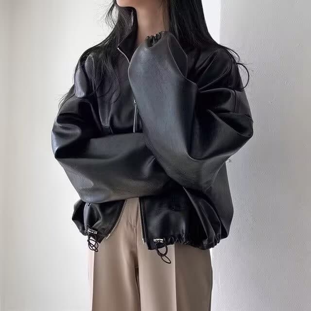 아메리칸 트렌드 출퇴근 레트로 다용도 봄 가을 새로운 캐주얼 지퍼 주머니 루즈핏 여자 가죽 재킷 재킷 이미지 4