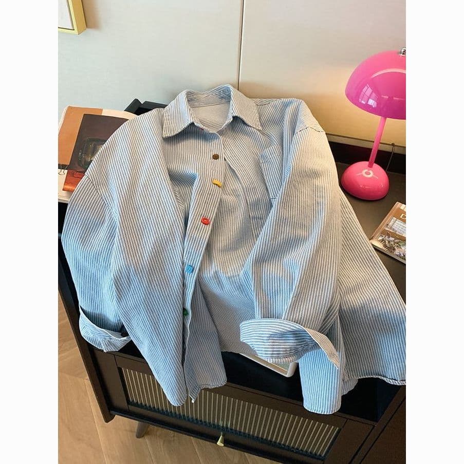 레트로 미니멀리즘 블루 화이트 배색 스트라이프 셔츠 루즈핏 다용도 POLO 칼라 디자인 안감 재킷 봄 긴팔 맨위 이미지 3