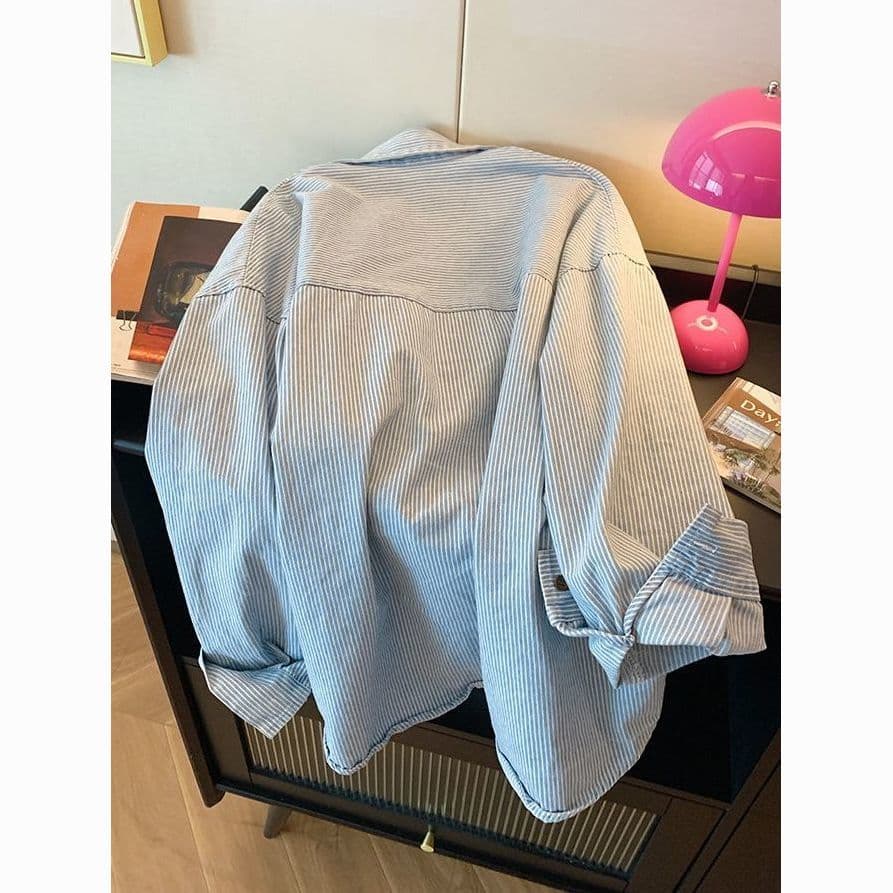 레트로 미니멀리즘 블루 화이트 배색 스트라이프 셔츠 루즈핏 다용도 POLO 칼라 디자인 안감 재킷 봄 긴팔 맨위 상세 이미지 6