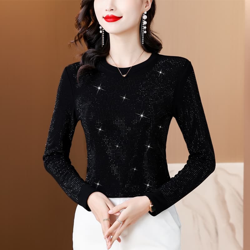 실사 2026 가을 겨울 새로운 빅 사이즈 여성 의류 유럽 상품 무거운 작업 전체 너비 핫픽스 라운드 넥 긴팔 면 t 맨위 이미지 3