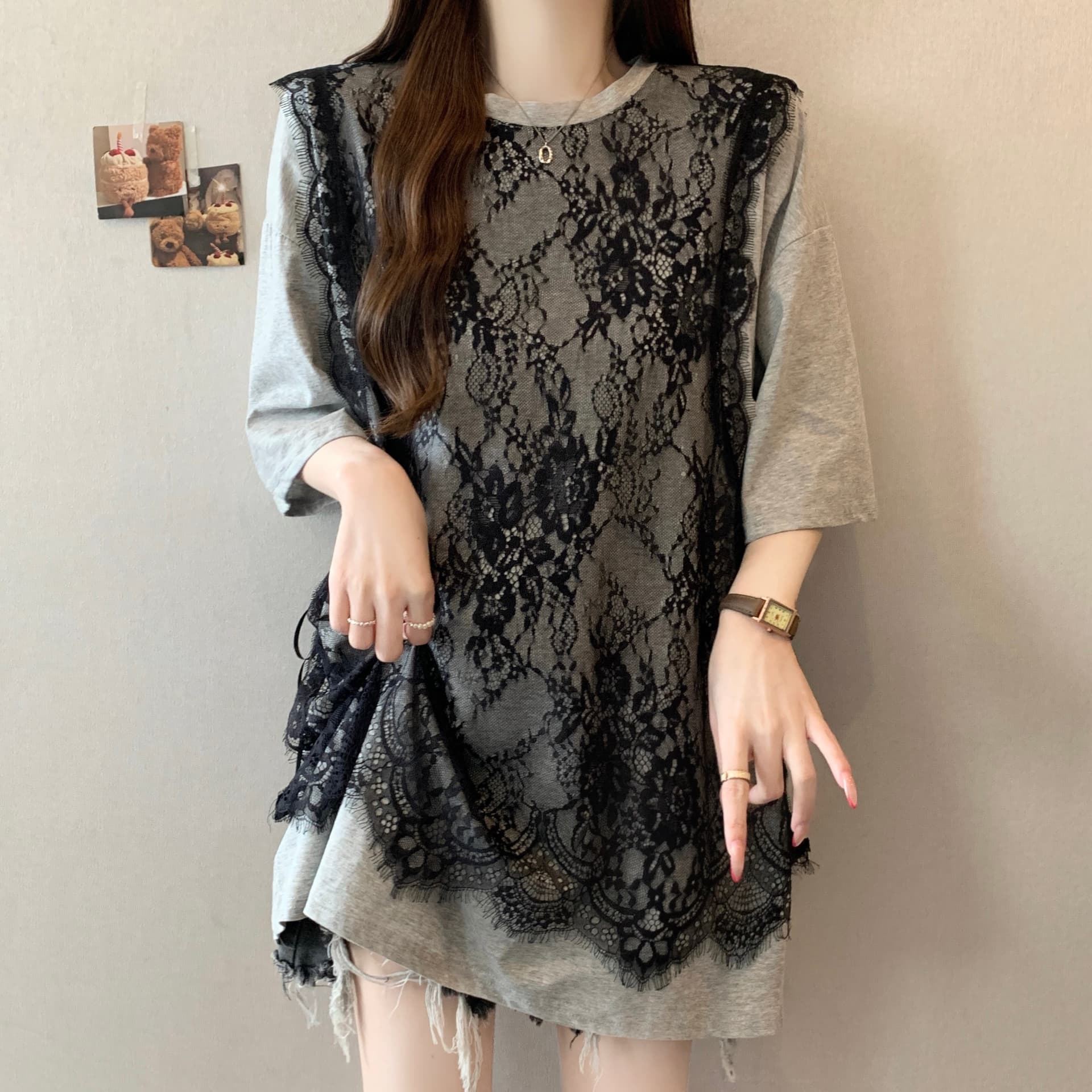 실사 빅 사이즈 여름 새로운 페이크 레이어드 레이스 베스트 티셔츠 맨위 루즈핏 대 에디션 표지 배 슬림해 보이는 맨위 상세 이미지 11