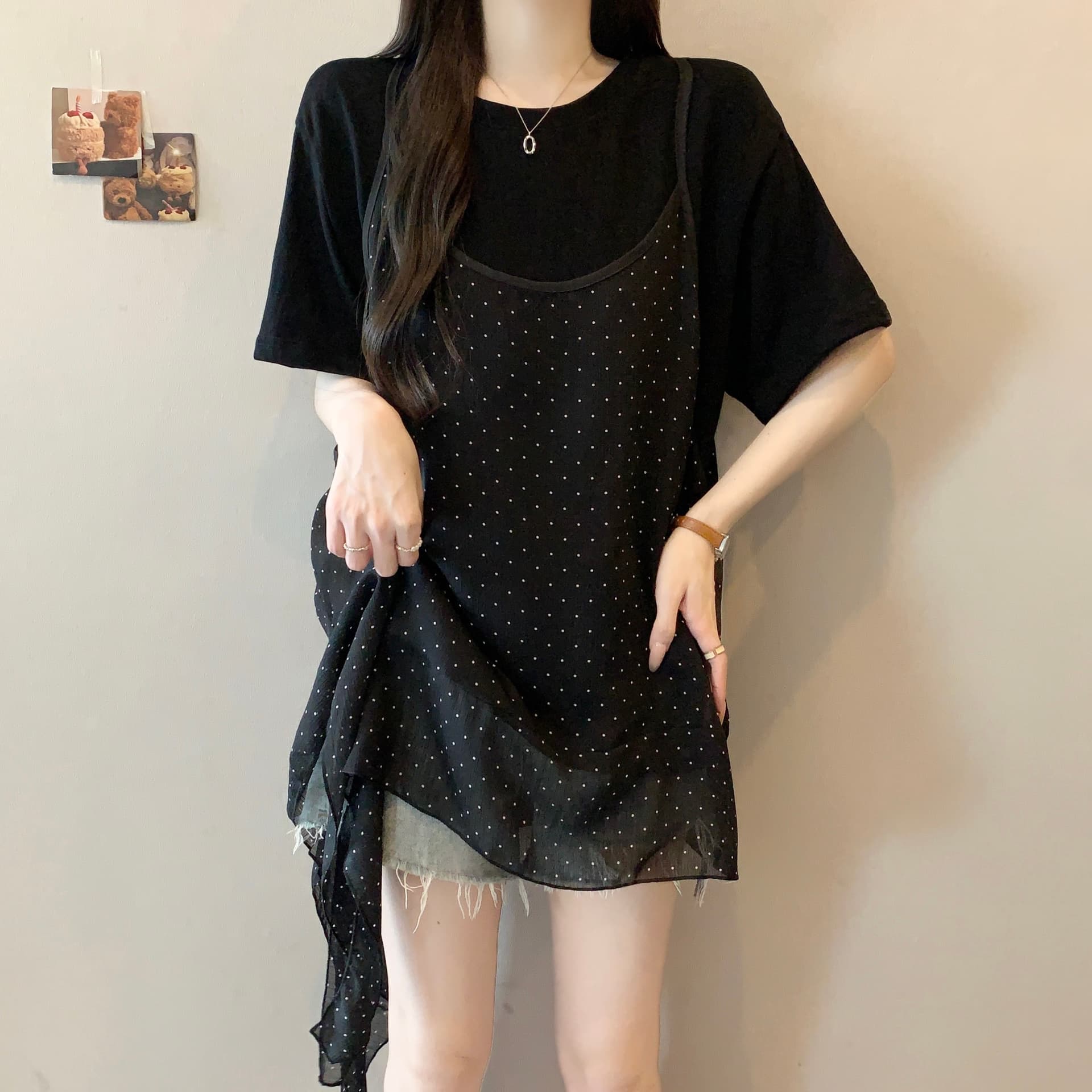 실사 빅 사이즈 여름 연령 감소 표지 배 슬림해 보이는 티셔츠 플러스 불규칙 도트 무늬 슬립 맨위 치마 두 조각 여성 세트 이미지 4