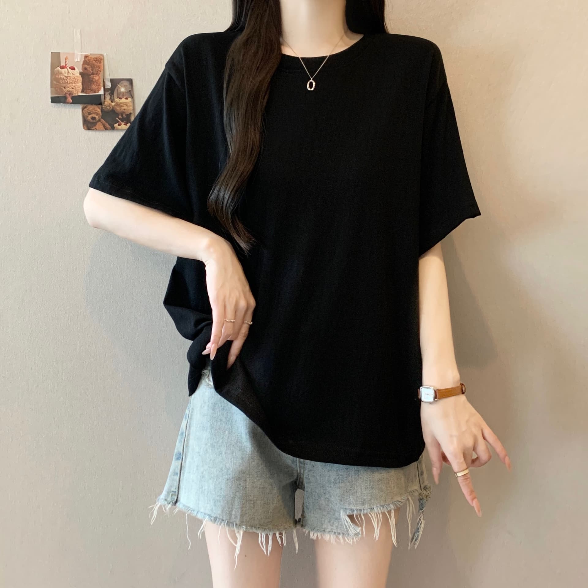 실사 빅 사이즈 여름 연령 감소 표지 배 슬림해 보이는 티셔츠 플러스 불규칙 도트 무늬 슬립 맨위 치마 두 조각 여성 세트 상세 이미지 1