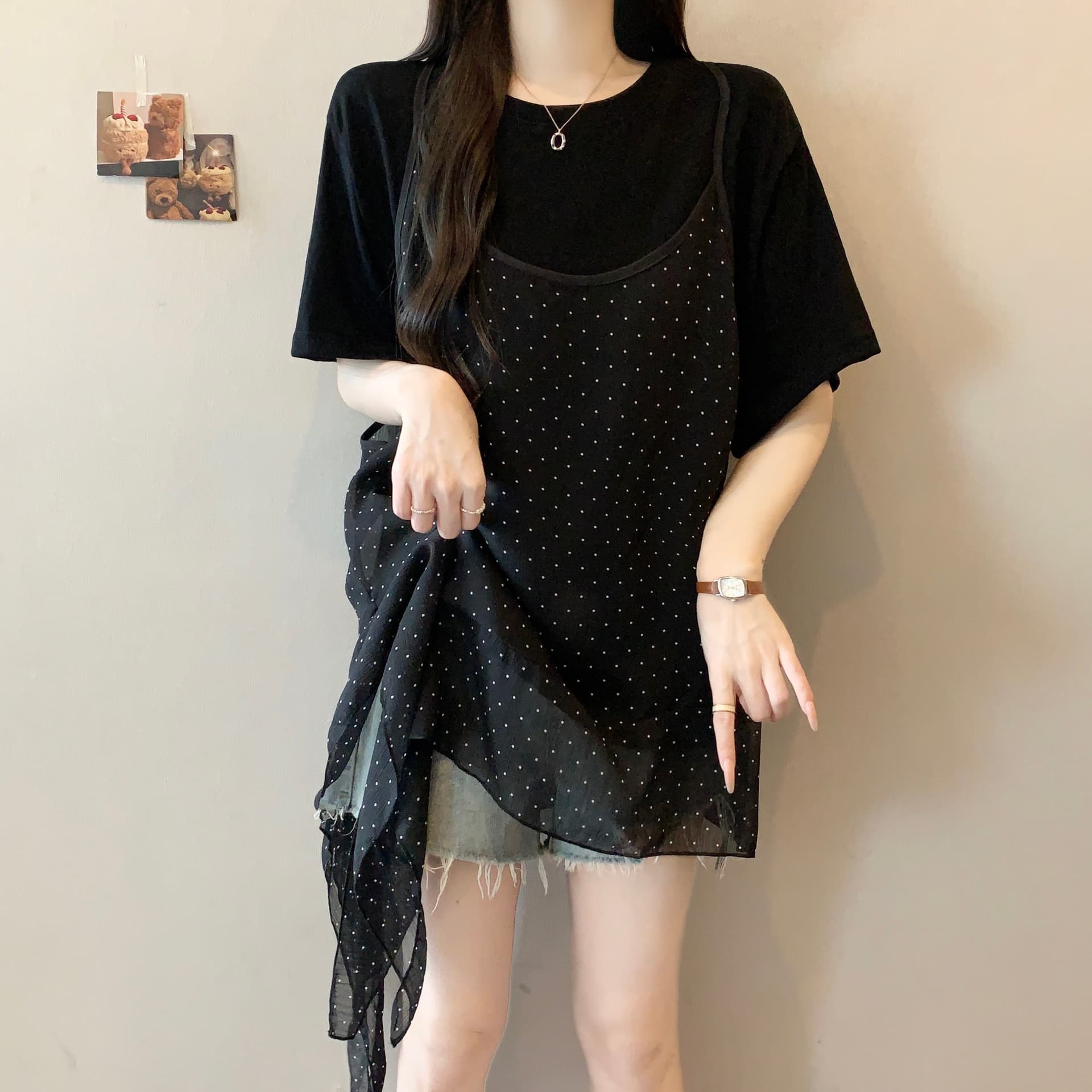 실사 빅 사이즈 여름 연령 감소 표지 배 슬림해 보이는 티셔츠 플러스 불규칙 도트 무늬 슬립 맨위 치마 두 조각 여성 세트 상세 이미지 3