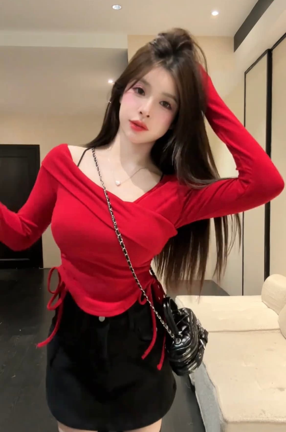 핫걸 바람 긴팔 몸매 가꾸기 비스듬한 어깨 패션 불규칙 두꺼운 플러스 연삭 털 맨위 이미지 5
