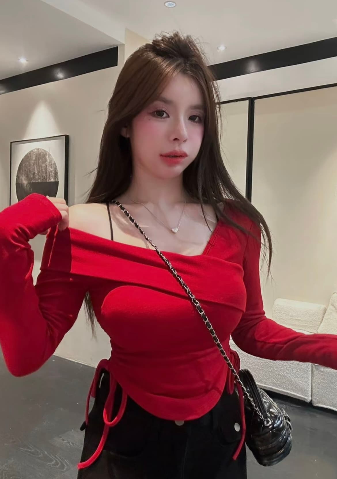 핫걸 바람 긴팔 몸매 가꾸기 비스듬한 어깨 패션 불규칙 두꺼운 플러스 연삭 털 맨위 상세 이미지 2
