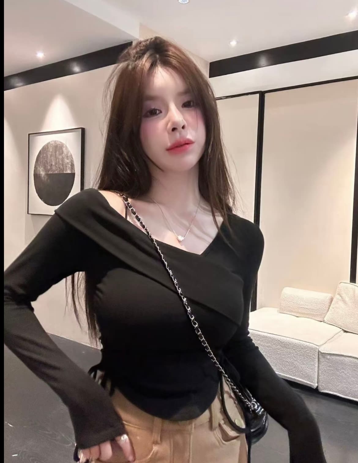 핫걸 바람 긴팔 몸매 가꾸기 비스듬한 어깨 패션 불규칙 두꺼운 플러스 연삭 털 맨위 상세 이미지 3