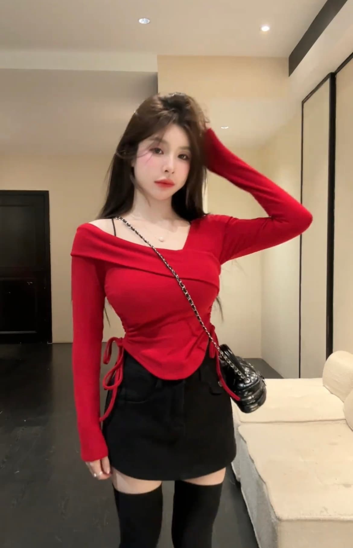 핫걸 바람 긴팔 몸매 가꾸기 비스듬한 어깨 패션 불규칙 두꺼운 플러스 연삭 털 맨위 상세 이미지 12