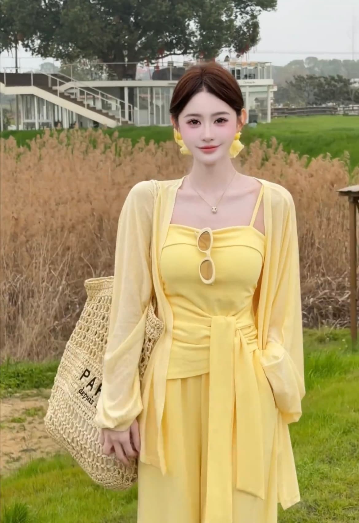 느긋한 바람 품격 핫걸 슬립 맨위 오픈 가디건 넓은 다리 길이 바지 여성 의류 2026 여름 새로운 휴가 3종 세트 이미지 2
