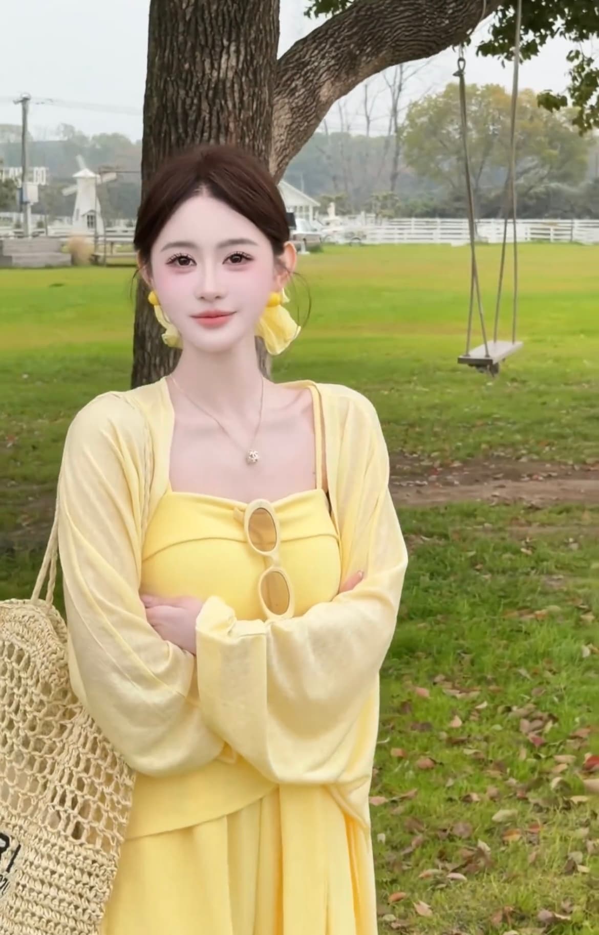 느긋한 바람 품격 핫걸 슬립 맨위 오픈 가디건 넓은 다리 길이 바지 여성 의류 2026 여름 새로운 휴가 3종 세트 상세 이미지 11