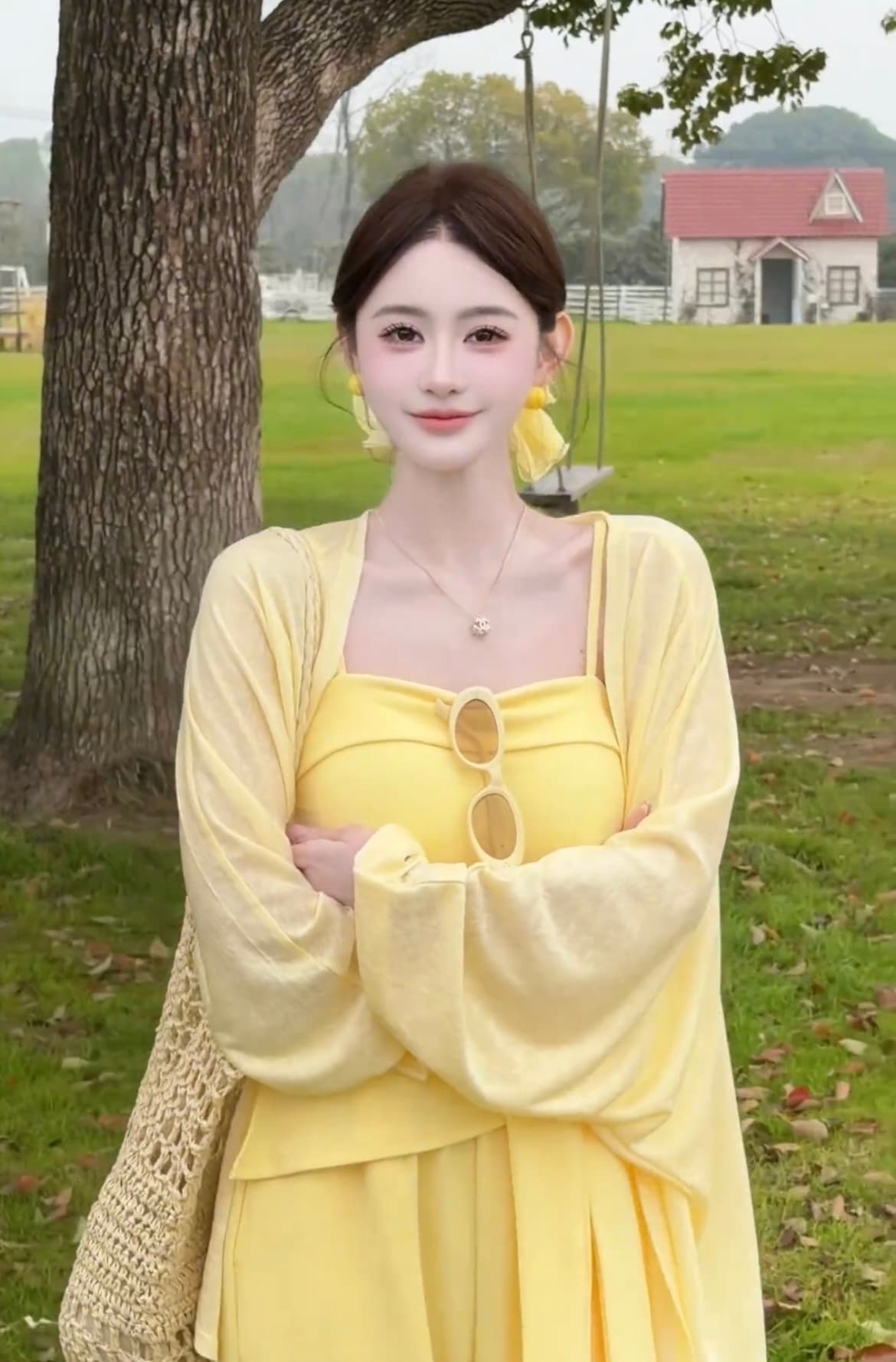 느긋한 바람 품격 핫걸 슬립 맨위 오픈 가디건 넓은 다리 길이 바지 여성 의류 2026 여름 새로운 휴가 3종 세트 상세 이미지 12