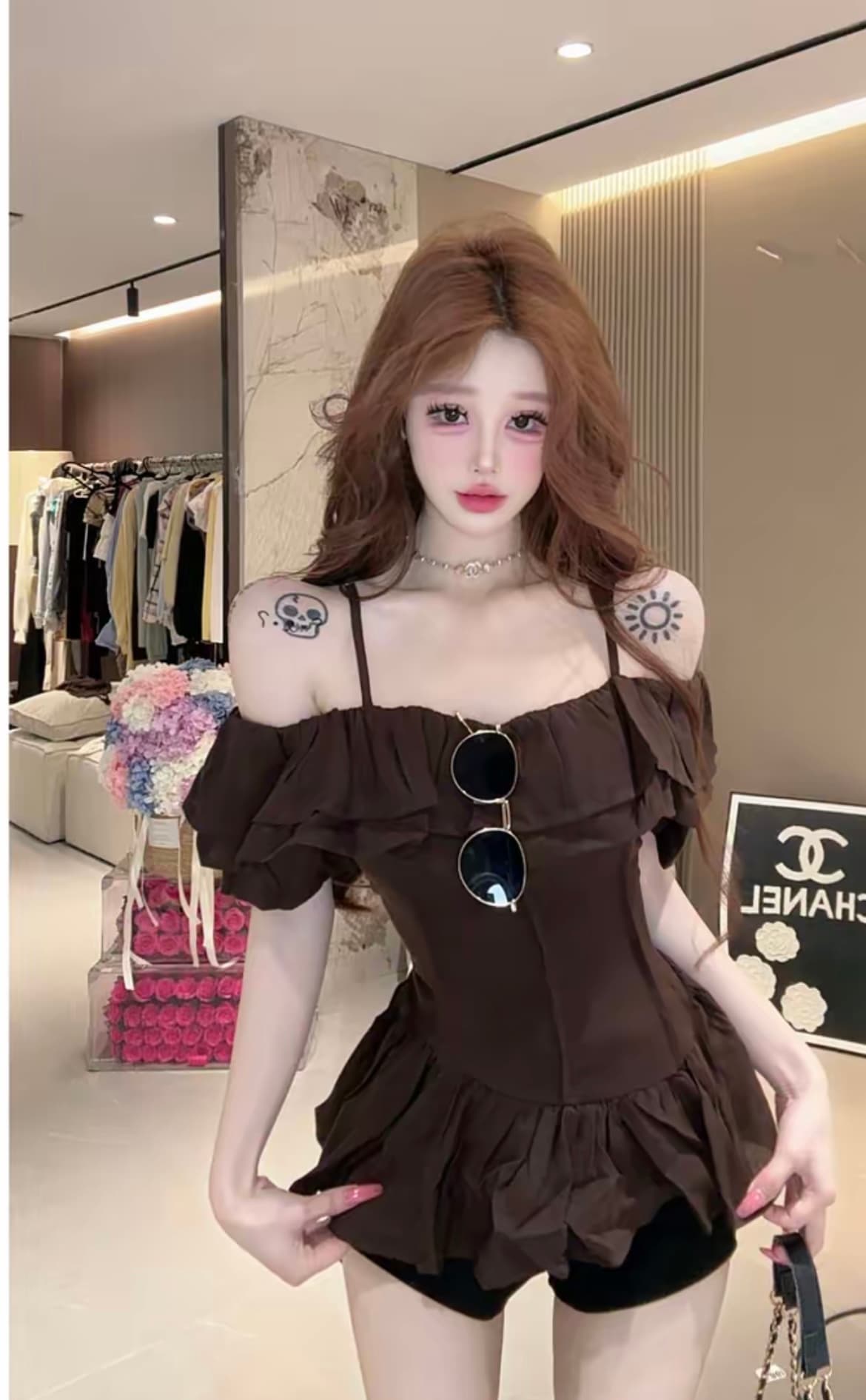 프랑스식 품격 오프숄더 프릴 반팔 여성 셔츠 여름 새로운 디자인 센스 허리 수축 슬림해 보이는 오프숄더 맨위 상세 이미지 6