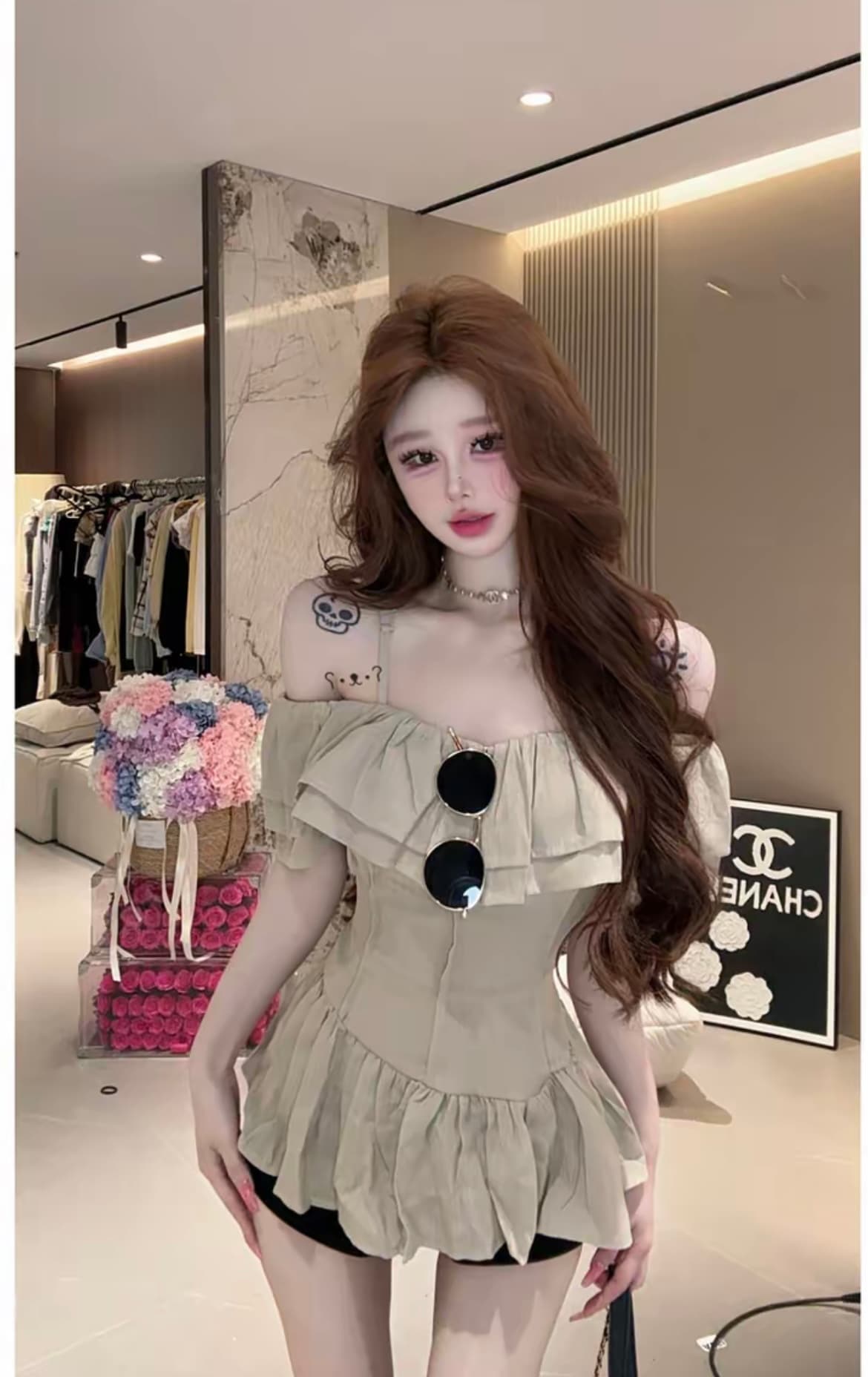 프랑스식 품격 오프숄더 프릴 반팔 여성 셔츠 여름 새로운 디자인 센스 허리 수축 슬림해 보이는 오프숄더 맨위 상세 이미지 8