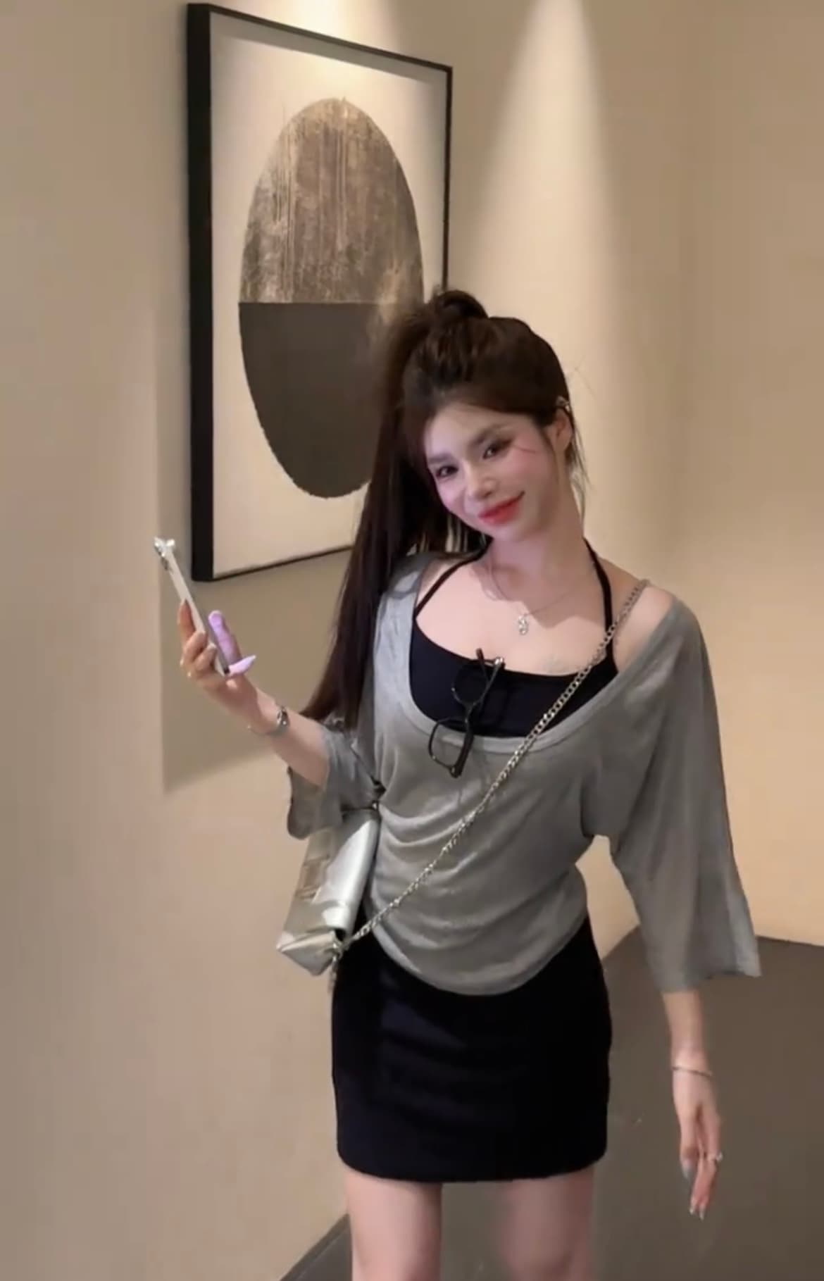 한 부서 느긋한 바람 행침 목 조끼 반팔 맨위 하이웨이스트 미니 스커트 세 조각 여성 세트 여름 고급 센스 패션 세트 이미지 4