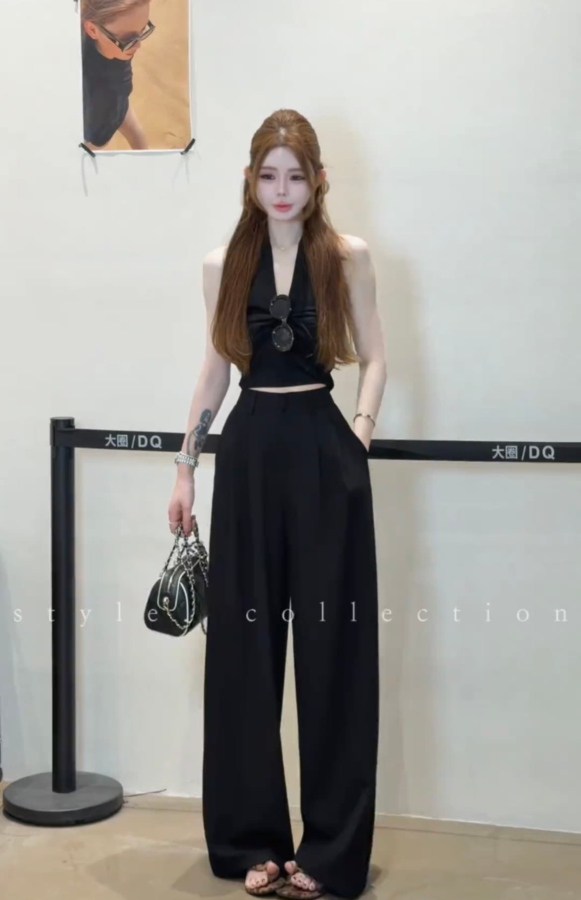 한국 스타일 디자인 센스 비틀림 행침 목 V넥 민소매 쇼트 스타일 조끼 맨위 여름 새로운 하이웨이스트 와이드 레그 팬츠 세트 상세 이미지 10